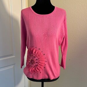 Ideology Vibrant Pink Knit Top. 3/4 sleeves. Sequin flower. Size Large